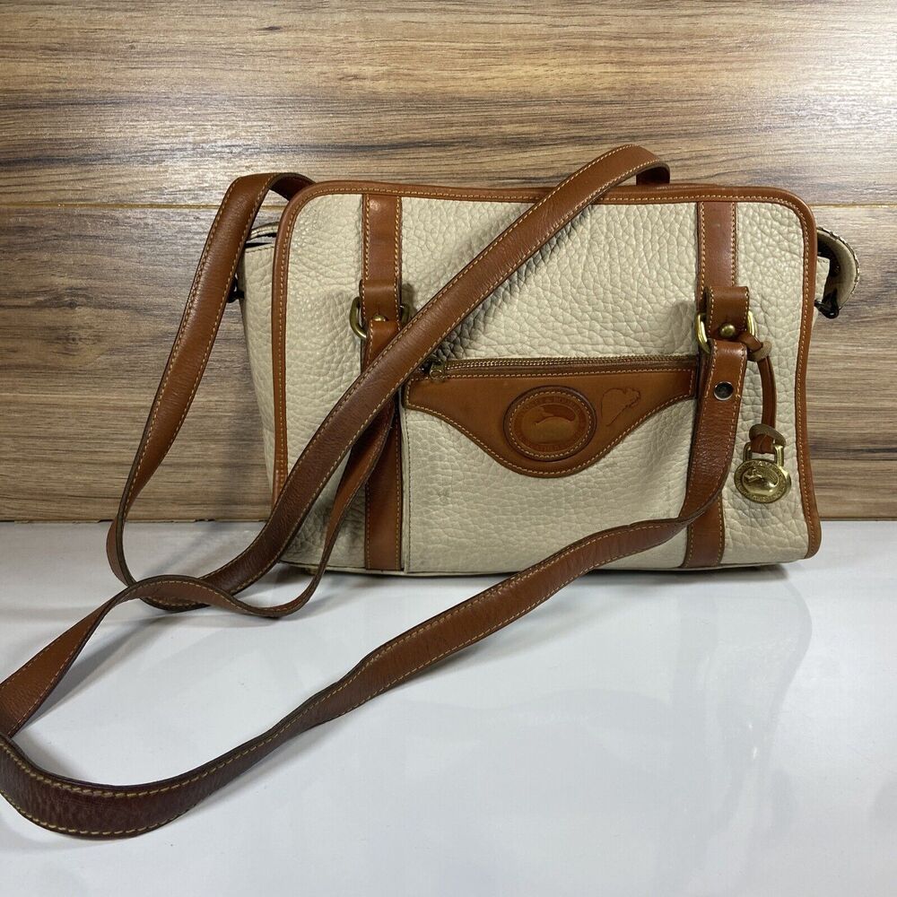 Dooney & Bourke Vintage Pebbled Leather Satchel Purse Cream White Brown